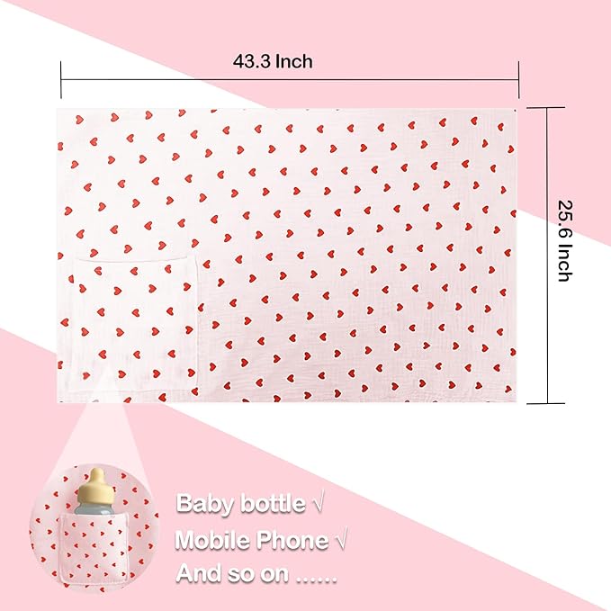 Muslin Nursing Covers for Breastfeeding, Arch Neckline Breast Feeding Covers for Women, Moms Privacy Breathable Summer Nursing Apron,Enlarged Soft Feeding Cover (Blush Red Heart)