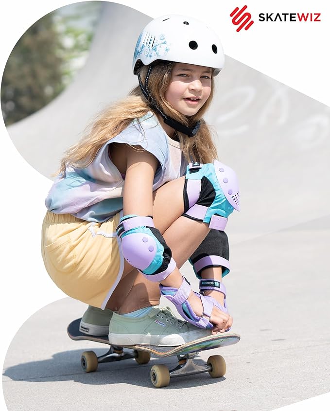 SKATEWIZ Skateboard Pads Protective Gear Set for Kids and Adults - Smash - Roller Skate Pads [6pc] with Wrist Guards - Skating Protective Gear - Roller Derby