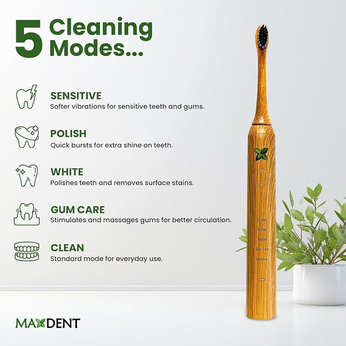 Rechargeable Bamboo Electric Tooth Brush, Brush with 3 Replacement Heads and Storage Case, Portable Oral Care, Durable Electric Design with Travel-Friendly Protective Holder
