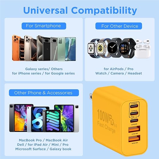 QZIIW USB C Wall Fast Charger Block, 100W 5-Port Type C Fast Charging Block 3 Pack-PD Power Charger Adapter QC 3.0 USB Multiport Charger Brick for iPhone 17 16, Samsung Series MacBook/Air, iPad, etc.