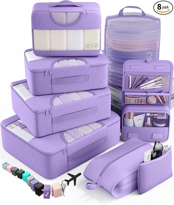 Veken 8 Set Packing Cubes for Travel Essentials, Suitcase Organizer Bags in 4 Sizes, Carry-On Luggage Accessories with Large Laundry Bag & Passport Holder, Must-Have for Airplane, Road Trip & Camping