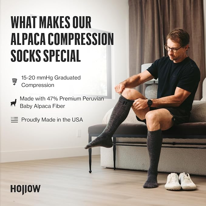 HOLLOW Alpaca Compression Socks for Women & Men Standard & Wide, 15-20 mmHg, Circulation Support, Moisture Wicking, Knee High