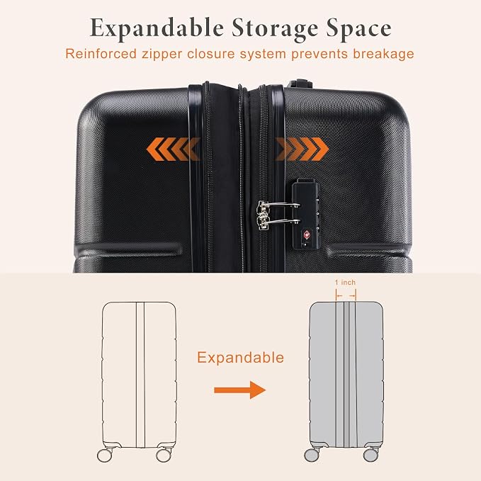 Sweetcrispy 28 Inch Checked Luggage, ABS Lightweight Rolling Hard Shell Suitcase with Smooth Spinner Wheels, Built-in TSA Lock, Durable Travel Suitcase for Business and Vacation Trip, Black