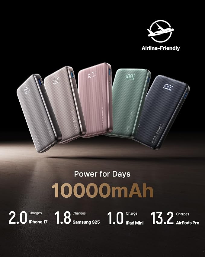INIU Portable Charger, Ultra Slim 45W Fast Charging Power Bank with Built-in AC Wall Plug, 10000mAh GaN 3-in-1 Battery Pack for Flight-Safe Travel, for iPhone 17 16, Samsung S26, iPad etc, Black