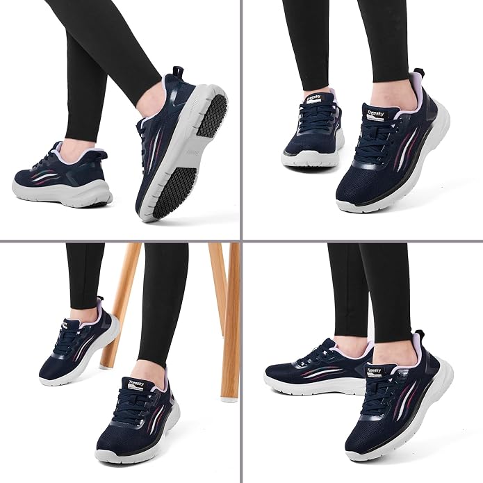 Treesky Black Non Slip Work Shoes for Women, Restaurant & Kitchen Sneakers | Slip resistant soles, lightweight cushioning, breathable knit, removable insole, for nursing, food service & long shifts