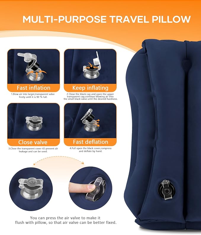 Sunany Travel Pillow, Upgraded Plane Pillow for Long Flights, Inflatable Neck Pillow Used for Airplanes,Cars,Buses,Trains,Office Napping with Eye Mask,Earplugs (Blue)