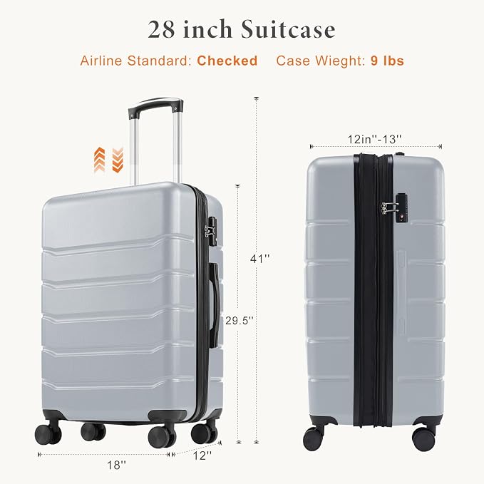 Sweetcrispy 28 Inch Carry on Luggage, Hard Shell ABS Suitcase with Double Spinner Wheels, Lightweight Expandable Rolling Suit Case with TSA Lock, Light Grey