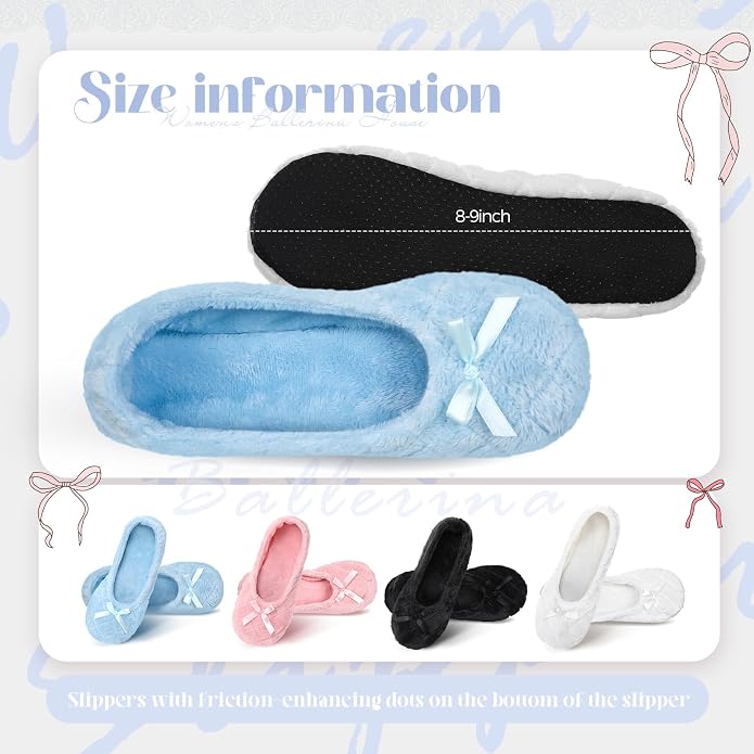 Geyoga 4 Pairs Women's Slippers Ballerina Ballet with Satin Bow Tie Non Slip Slippers Ballet House Socks for Wedding Housewarming