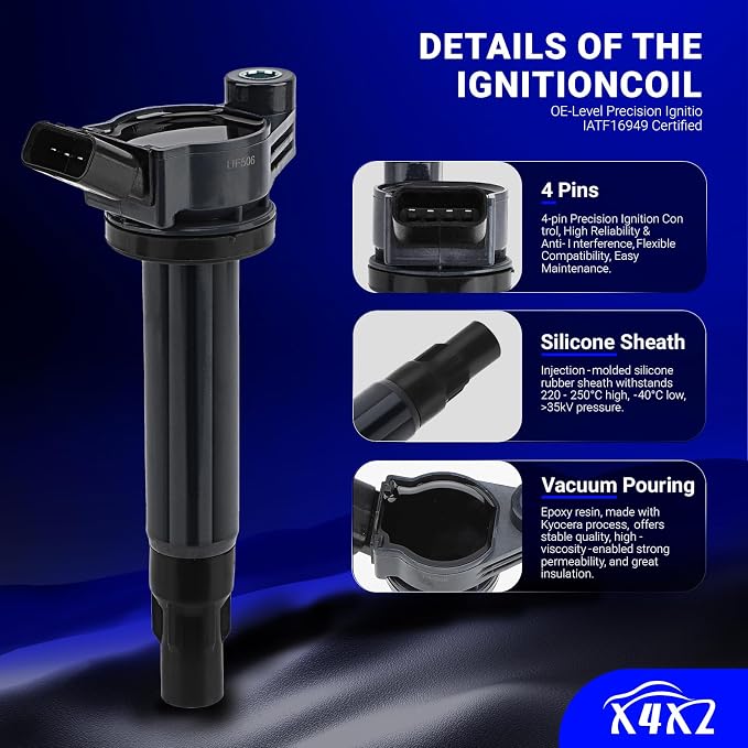 UF506 Ignition Coil & 4504 Double Iridium Spark Plug for Toyota 04-06 Camry Sienna,04-10 Highlander,04-08 Solara/LEXUS 04-06 ES330,RX330,06-08 RX400h 3.3L V6 Replaces# 5C1442 UF430 90919-02246