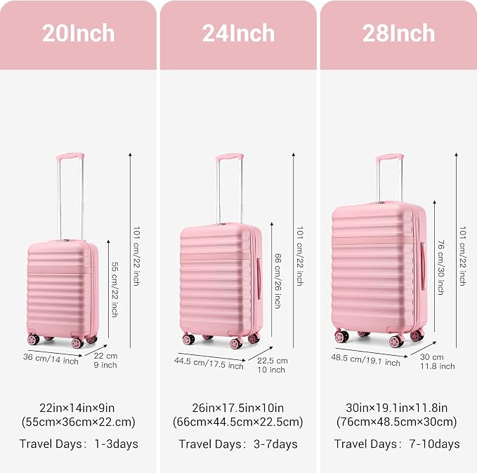 Kono Luggage Set 3 Pieces Expandable PC ABS Durable Suitcase Hardside with Double Spinner Wheels Tsa Lock Pink(20in/24in/28in)