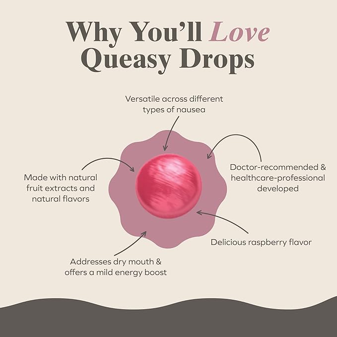 Three Lollies Queasy Drops - Sour Raspberry Flavor - Travel Sickness & Nausea Relief, Soothes Stomach & Dry Mouth, Natural Ingredients - 21ct (3-Pack)