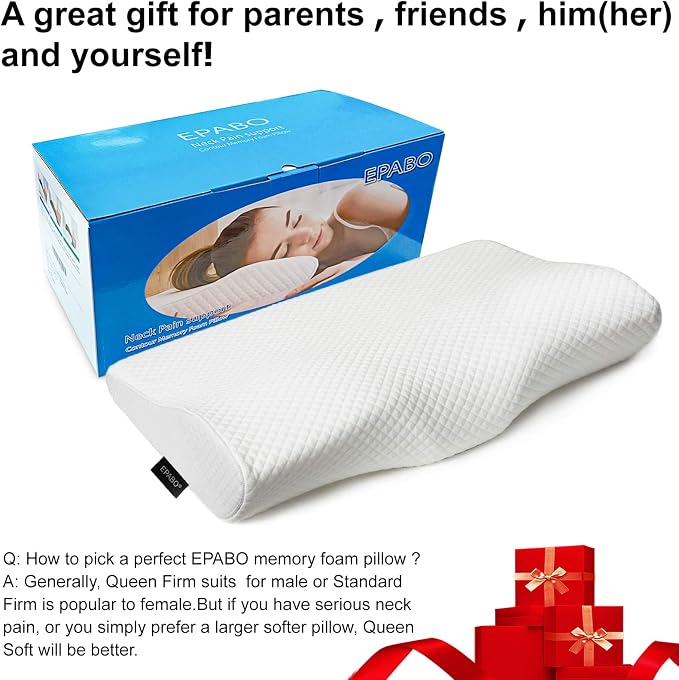 EPABO Contour Memory Foam Pillow Orthopedic Sleeping Pillows, Ergonomic Cervical Pillow for Neck Pain - for Side Sleepers, Back and Stomach Sleepers, Free Pillowcase Included (Firm & Queen)