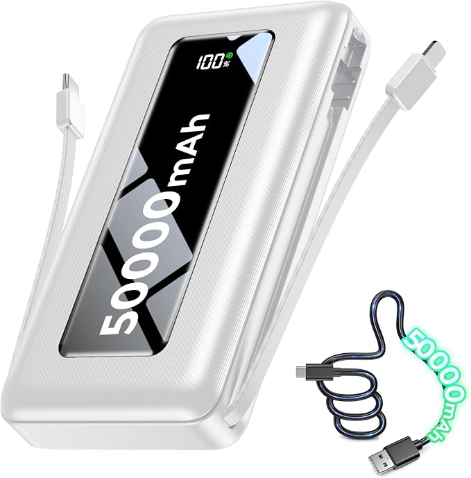 Power Bank, 50000mAh Travel Camping Essential Portable Charger with Built-in USB-C & iOS Cable, 22.5W PD Fast Charging Battery Pack, for iPhone 17/16/15, MacBook, Android – Pearl White