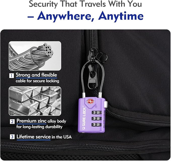 SURE LOCK TSA Approved Luggage Locks with Open Alert Indicator, 3 Digit Combination Cable Travel Lock for Suitcase, Backpack, Gym Locker, Toolbox & Travel Bag(2, Purple 2 Pack)