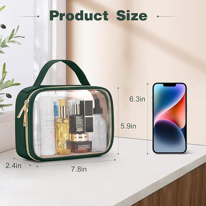 Wedama TSA Approved Toiletry Bag, 3 Pack Clear Makeup Bags with Handles, Quart Size Clear Toiletry Bags, PVC Cosmetic Bags for Women and Men, Carry on Airport Airlin (Dark Green, 3 Pack, Medium)