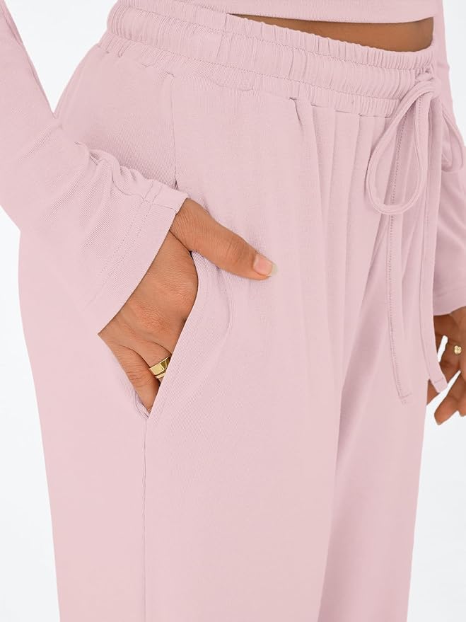 Trendy Queen Women's 2 Piece Matching Lounge Set Long Sleeve Side Ruching Top Wide Leg Drawstring Pants Set with Pockets