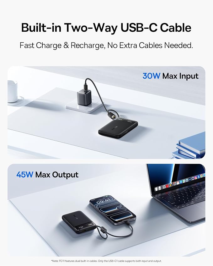 Baseus 45W Ultra Slim 10000mAh Power Bank Built-in USB-C Cables, CCC Certified Portable Charger, Travel Essential Fast Charging Pocket Size Phone Battery Pack for iPhone 17 16 Samsung S25 S24 iPad