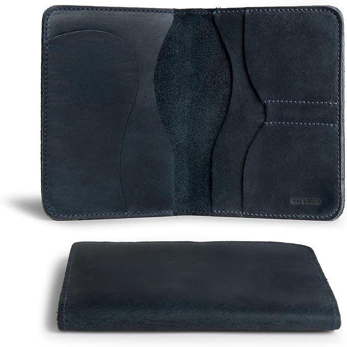 Hide & Drink, Double Passport Cover with Slots for Bills and Keys, Rustic Case, ID Organizer, Full Grain Leather, Handmade Accessories, Slate Blue