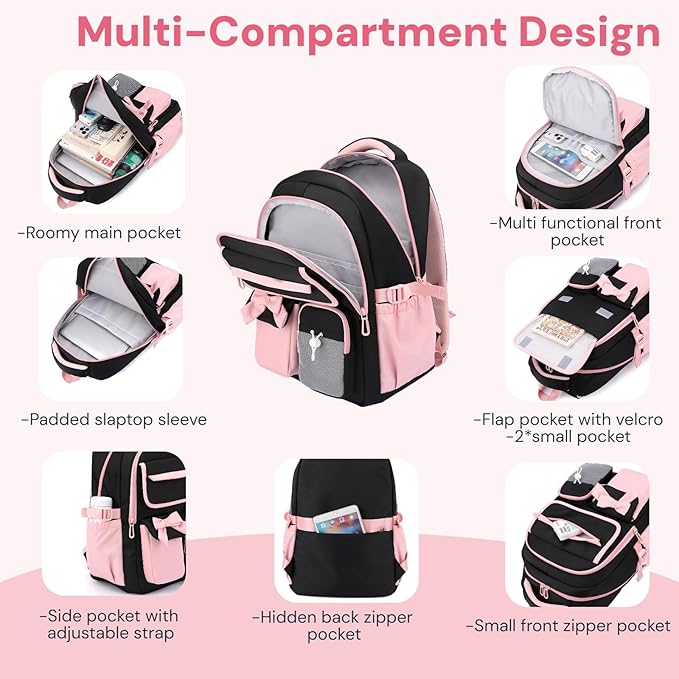 Girls School Backpack with Lunch Box Pencil Case Set, Cute Middle School Bag Teen Girls Backpack Bookbag for Kids, 3pcs Purple