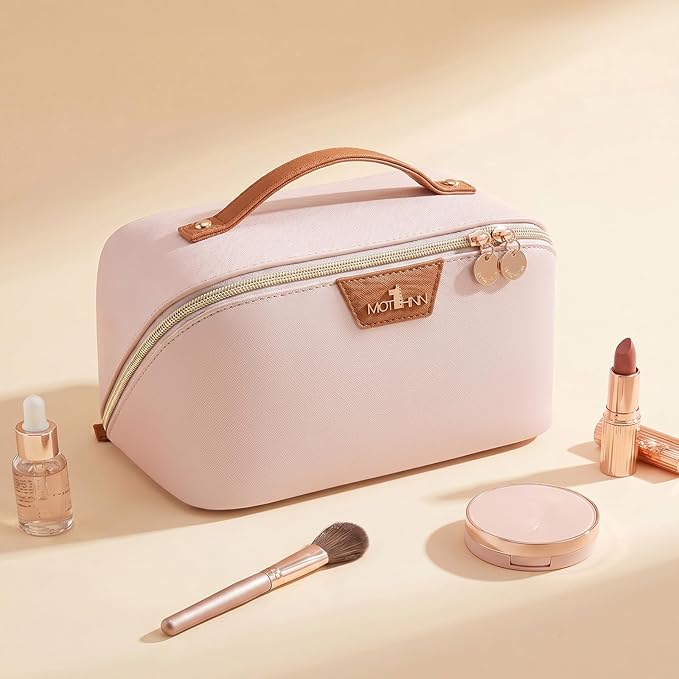 Travel Makeup Bag for Women: 3-in-1 Large Capacity Cosmetics Organizer with 2 Detachable Pouch - Vegan Leather Flat Open Toiletry Bag - Travel Essentials for Full-Sized Bottles(White)