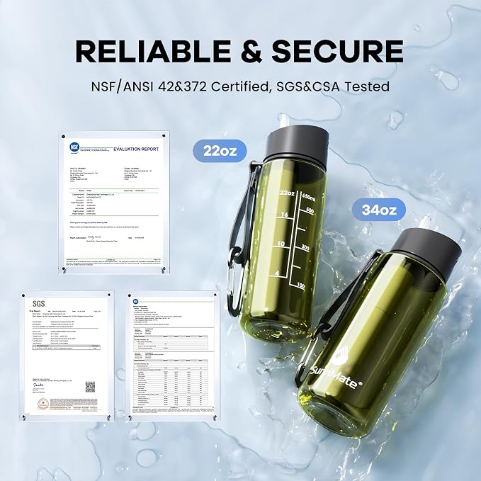 Survimate 5-Stage 0.01μm Ultra-Filtration Filtered Water Bottle, BPA-Free Material, NSF/ANSI 42 Certified, Portable Water Filter Bottle for Survival, Camping, Hiking, and Emergency Use