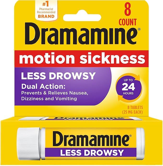 Dramamine Non-Drowsy, Motion Sickness Relief, Made with Natural Ginger, 18 Count & Motion Sickness Relief Less Drowsey Formula, 8 Count