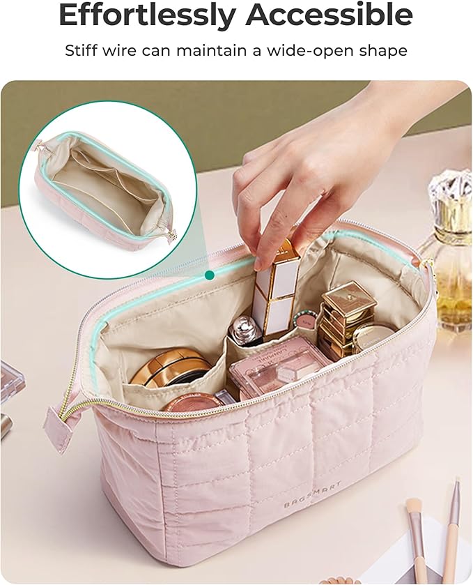BAGSMART Makeup Bag Travel Toiletry Bag, Puffy Padded Make Up Bags for Women Makeup Organizer Case, Wide-open Pouch Purse Travel Essentials Toiletries Accessories Brushes, Garnet Red