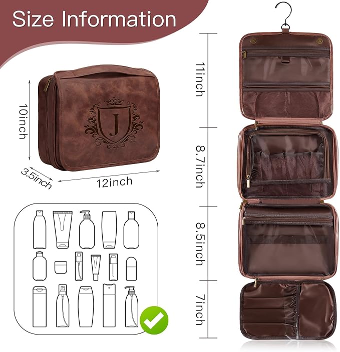Personalized Hanging Toiletry Bag Travel Gifts for Men Him, 3-in-1 Large Laser-Engraved Initial Waterproof PU Leather Shaving Bag Valentines Birthday Gift for Men Dad Husband Reddish Brown F