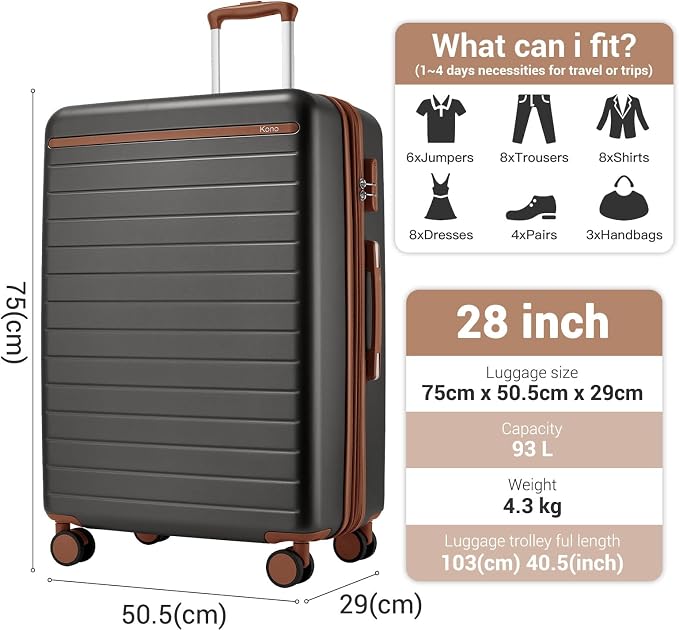 Kono 28 Inch Large Suitcase, Expandable for Long Trips, Impact-Resistant ABS+PC & Silent Wheels, Grey