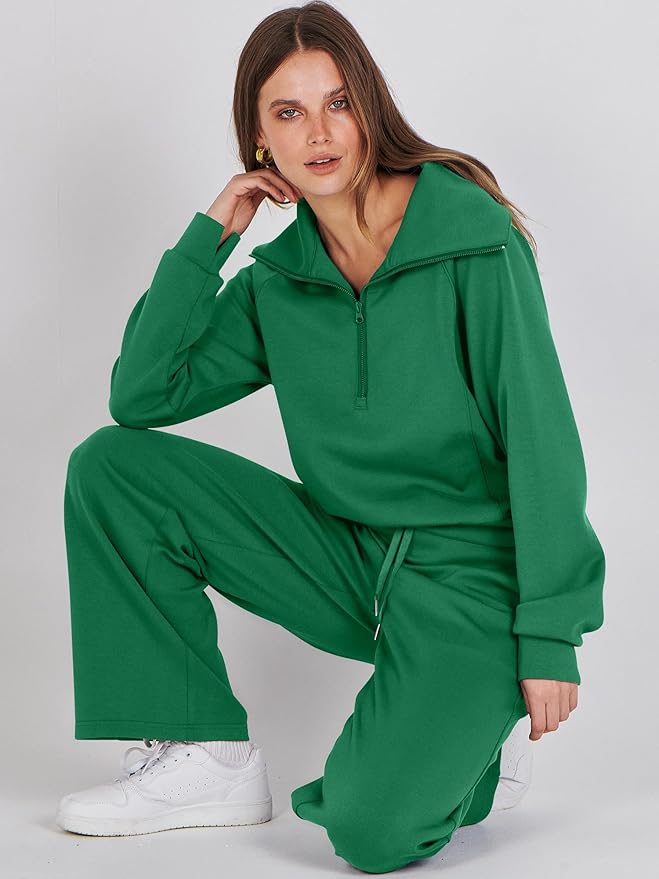 ANRABESS Women’s 2 Piece Outfits Half Zip Sweatshirt & Wide Leg Pants Airport Travel Lounge Matching Sets Sweatsuits Clothing