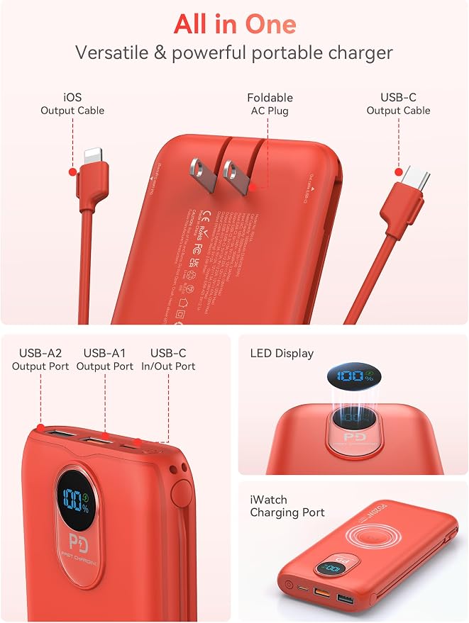Portable Charger, 10000mAh 20W Fast Charging Power Bank with Built in Cables & AC Wall Plug & LED Display, Travel Essentials Battery Pack Powerbank for iPhone, iPad, iWatch, Samsung, Red