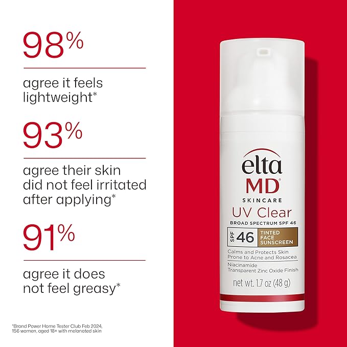 EltaMD UV Clear Tinted Sunscreen for Face, SPF 46 with Zinc Oxide, Oil-Free, Dermatologist Recommended, For Acne-Prone Sensitive Skin, 1.7 oz