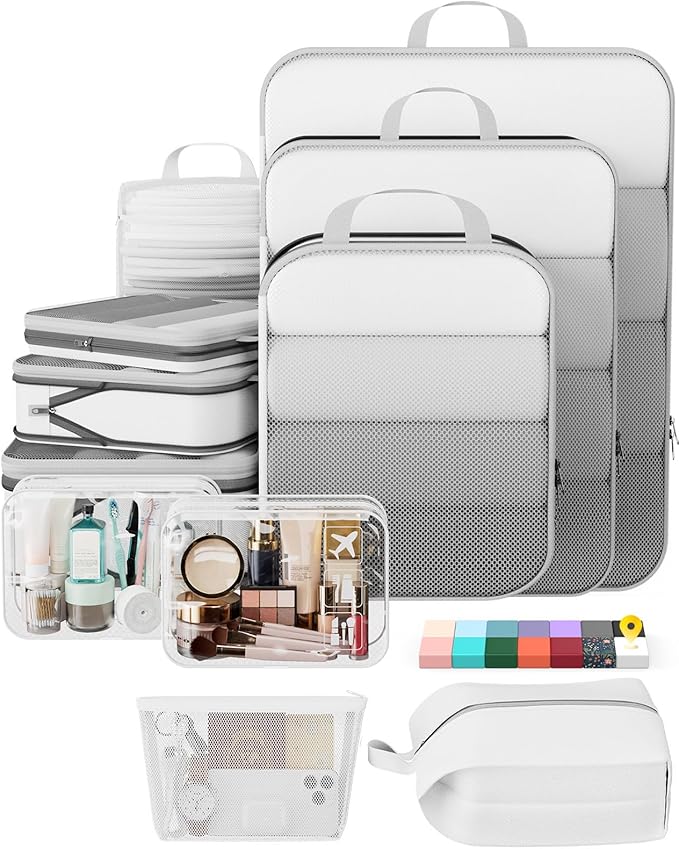 Veken 11 Set Compression Packing Cubes for Travel Essentials,Compressible Expandable Large Luggage Suitcase Organizer Bags for Clothing,Durable Space Saver Storage Bags with Toiletry Bags(White)