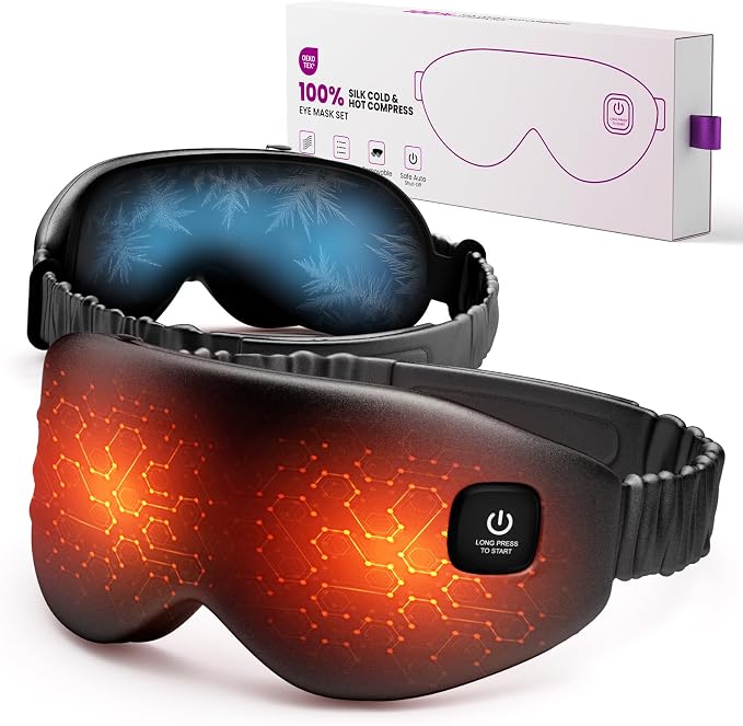 100% Silk Wireless Heated Eye Mask with Cooling, Relieves Dry Eye Syndrome and Puffy, Reduces Dark Circles, Adjustable Velcro Design and Washable Cover, Suitable for Travel & Gifts-Black