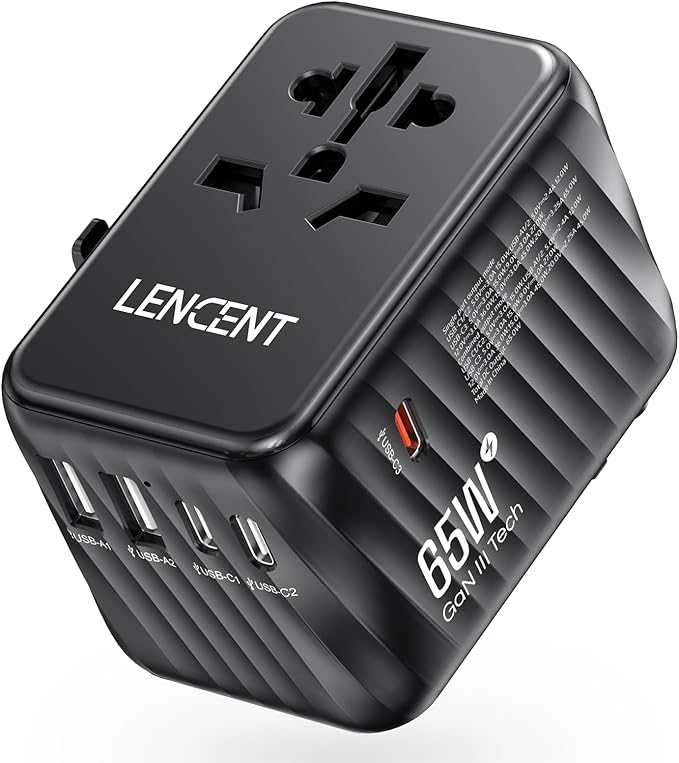 LENCENT International Travel Adapter, 65W GaN3 Universal Fast Charger with 2 USB A + 3 Type C PD, Worldwide Power Adaptor for Phones,Laptops, All in One Travel Essentials for EU/USA/UK/AU, Black