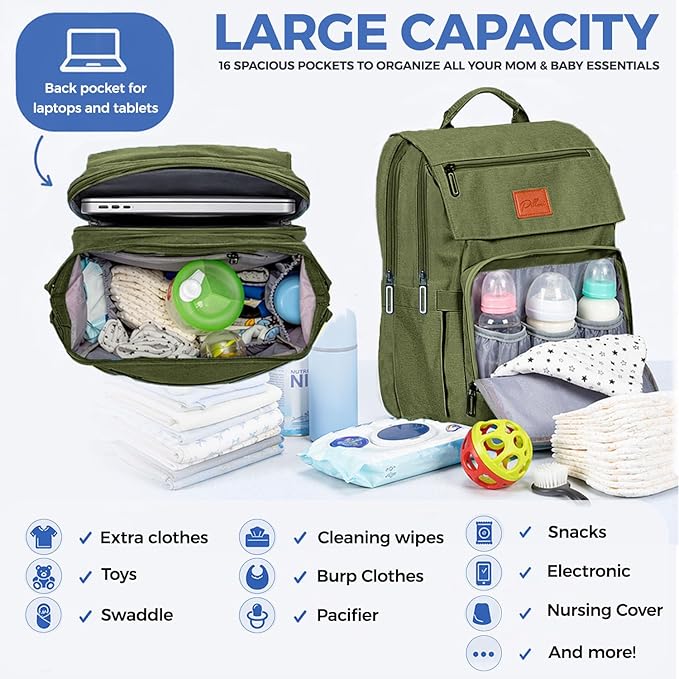PILLANI Baby Diaper Bag Backpack - Large Bag for Boys & Girls, Waterproof Diaper Backpack - Baby Shower Gifts for Boys - Toddler Diaper Bag with Changing Pad - Large Capacity, Wide Opening Easy Access