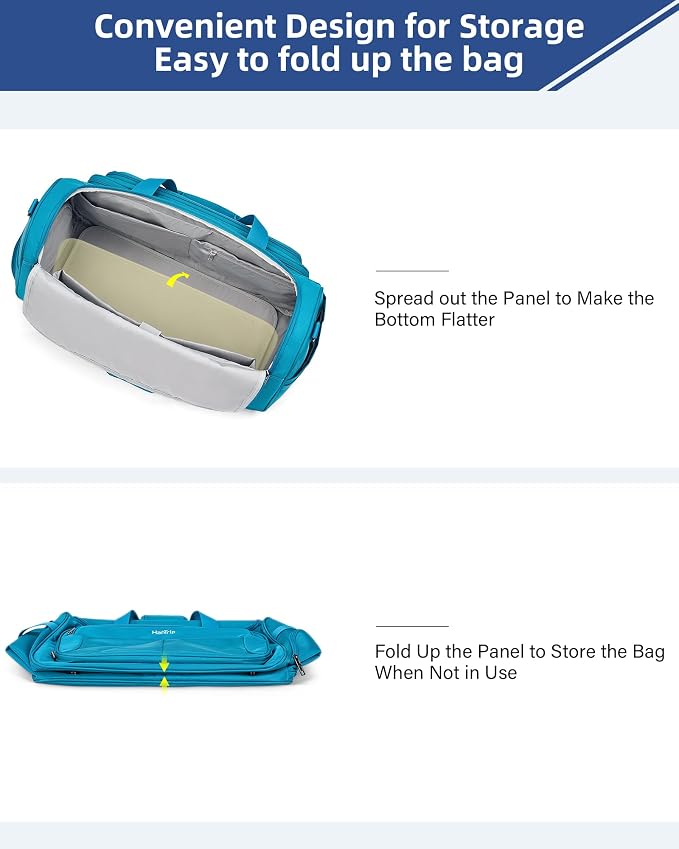 HanTrip Carry on Duffel Bag Foldable Duffle Bags for Travel, Large Personal Item Bags for Airplanes, Weekender Overnight Mens Travel Tote Bag for Women Softside Carry on Luggage (Caribbean Blue)