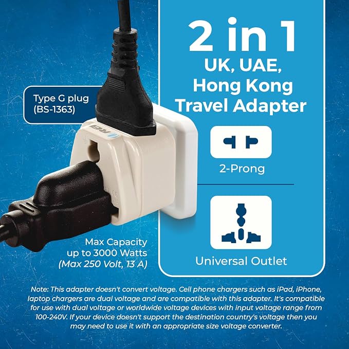 OREI Type G Plug Adapter – UK Travel Plug Adapter, US to UK Adapter for Type G Outlets – CE Certified & RoHS Compliant UK Power Adapter