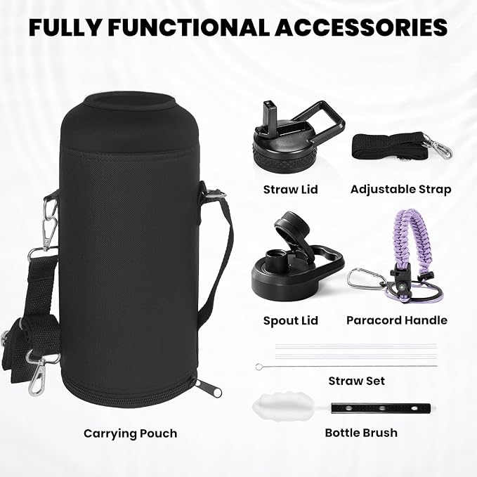 RAYMYLO Insulated Water Bottle 87 oz, Triple Wall Vacuum Stainless Steel (Cold for 48 Hrs), Leak Proof & Non-BPA, Modern Water Flask Jug with Paracord Handle & Straw Spout Lids, Light Purple