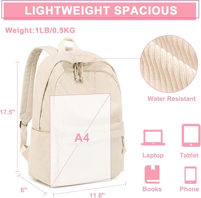 Bluboon School Backpack for Teen Girls Bookbags Elementary High School Corduroy Laptop Bags Women Travel Daypacks