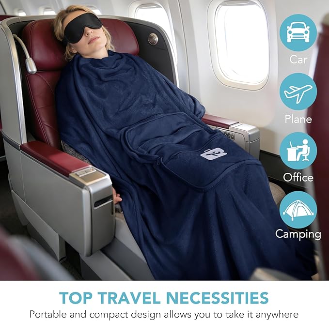 SINLAND Travel Pillow and Blanket 2-in-1 Set,Airplane Packable Bag,Soft and Lightweight Plane Flight Car Trips Travel Essentials Gift,Hand Luggage Sleeve and Backpack Clip,60x51 Inch NavyBlue