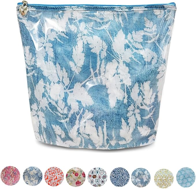 Jacaranda Living Large Cosmetic Bag – Water-Resistant Makeup & Toiletry Bag with PVC-Lined Interior, Travel Beauty Organizer, Floral Denim