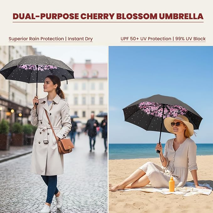 SIEPASA Compact Travel Umbrella - Windproof Auto Open/Close, Small Folding Umbrella for Rain & Sun with UPF50+ - Lightweight Frame, Waterproof - Fits Backpack, Purse, Suitcase.(Pink Cherry Bossom)