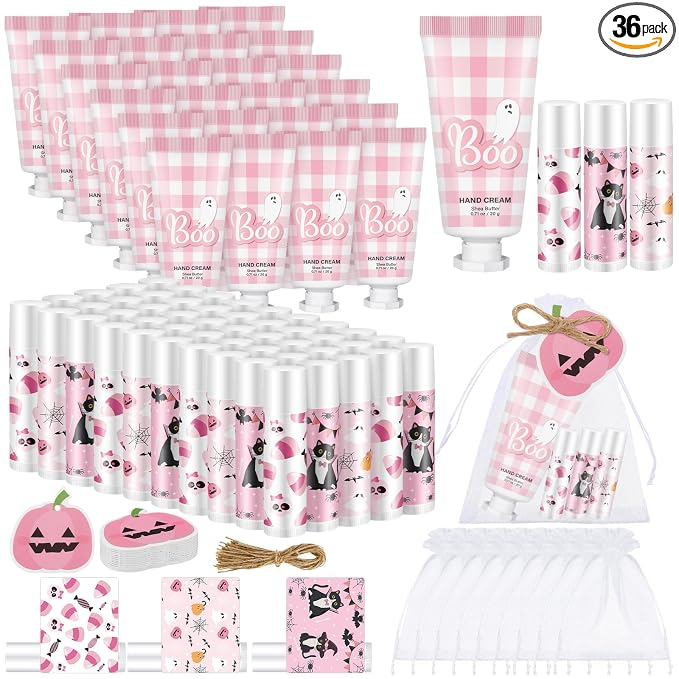 144 Pcs Halloween Lip Balms Hand Cream Sets Pink Supplies Including 36 Ghost Lip Balm and Moisturizing Hand Cream 36 Organza Bags Cards and Ropes for Team Accessories Party Thank You Gifts