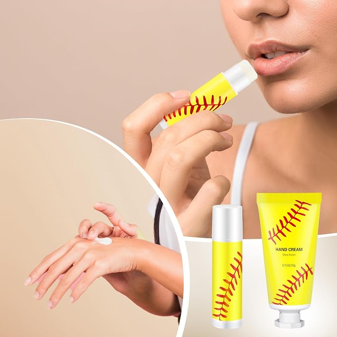 144 Pcs Lip Balm Hand Cream Set Party Favors, Include 36 Lip Balm 36 Moisturizing Hand Cream 36 Bags 36 Cards and Ropes for Accessories Gifts(Yellow,Softball)