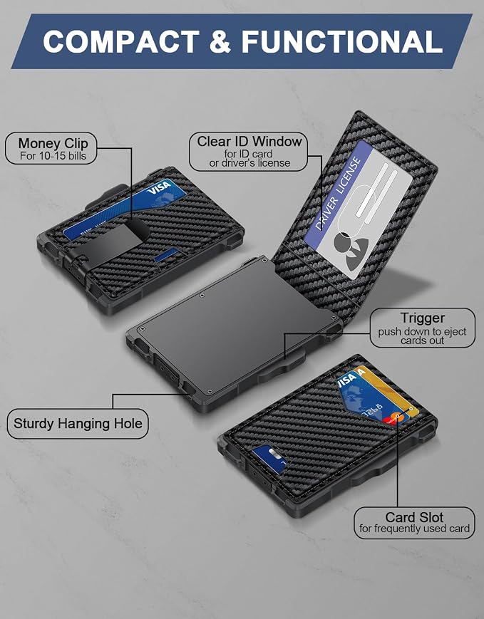 GHUKY Wallet for Men, Minimalist Slim Mens Wallet with Money Clip, RFID Blocking Smart Pop Up Card Wallet with ID Window, Compact Bifold Wallet, Metal Aluminum Credit Card Holder