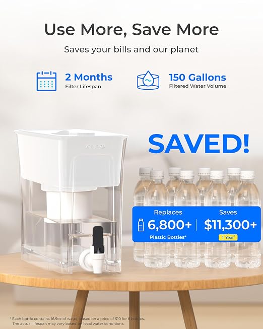 Waterdrop WFD-02W Water Filter Dispenser, Fluoride Reduction, 35-Cup with 1 Filter, 150-Gallon Long-Life, Large Capacity, Reduces Chlorine, PFOA/PFOS and More, BPA Free, White