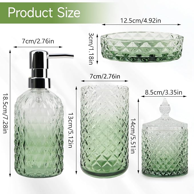 5Pcs Glass Bathroom Accessories Set,Green Vintage Bathroom Accessory Set, Bathroom Counter Sink Toothbrush Holder Set Includes 13.5oz Hand/Lotion Soap Dispenser & Tumbler & Soap Dish & Qtip Holders
