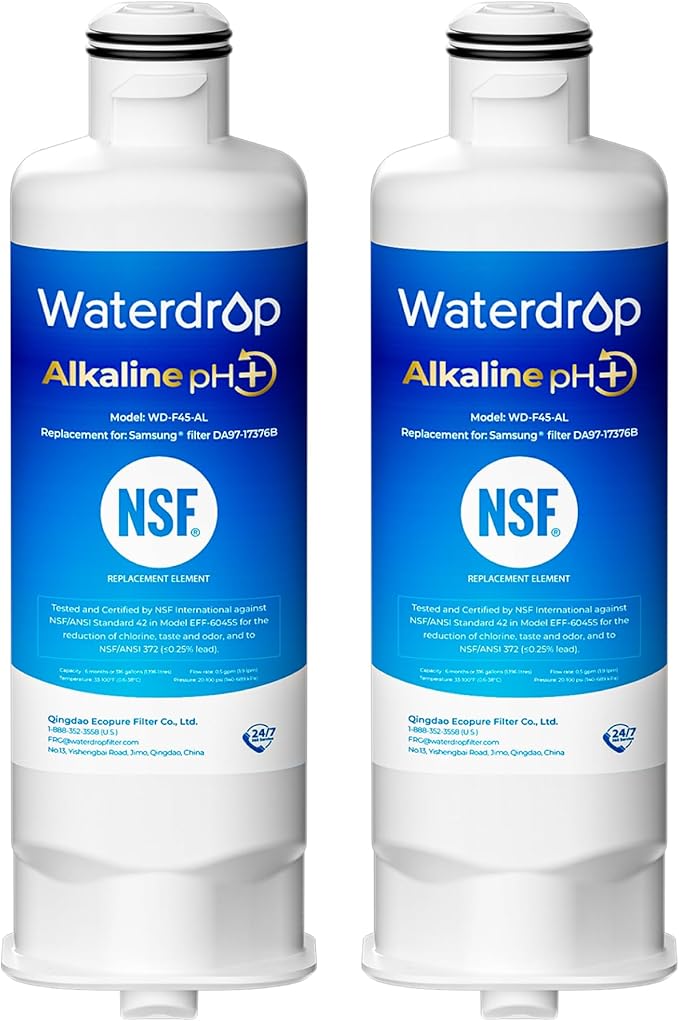 Waterdrop Alkaline WD-F45-AL Refrigerator Water Filter, Enhances pH, Replacement for Samsung® DA97-17376B, HAF-QIN/EXP, DA97-08006C, RF28R7201SR, RF28R7351SG, 2 Pack