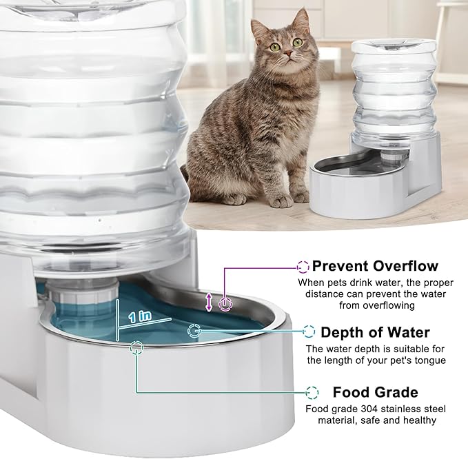 RIZZARI 4L White Pet Water Dispenser with Stainless Steel Bowl | Filter-Free Design,Automatic Gravity Water Supply,Spill-Resistant Base,Easy Water Refill,Durable PP Construction